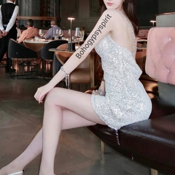 NWT Lulu's Silver Sequin Cowl Neck Mini Dress With Rhinestone Straps - Picture 6 of 16